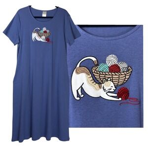 Blair Womens Cat and Yarn Embroidered Shirt Dress Size M Blue Grandmacore Whimsy